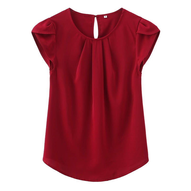 TASAMO Women's Printed Flouncing Flared Short Sleeve Blouse Top Shirts Floral (Small,Wine red) - Image 1